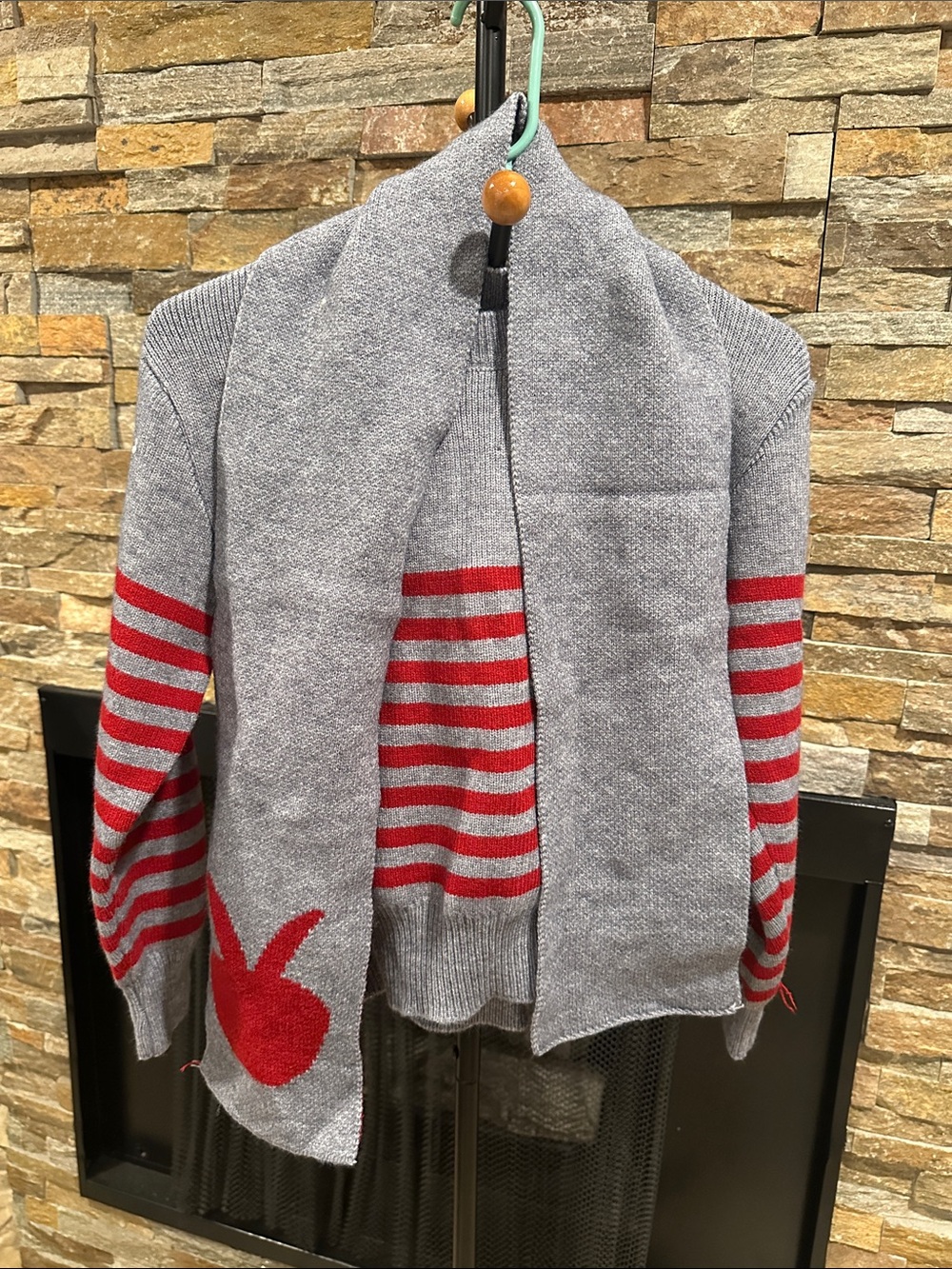 Gray & Red Striped Knit Cardigan with Red Accent size S